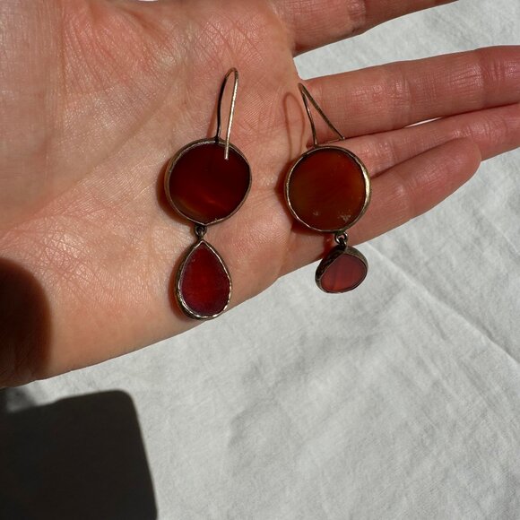 Carnelian/Amber and Gold Glazed Double Drop Earrings Roman Victorian Style - Picture 6 of 13
